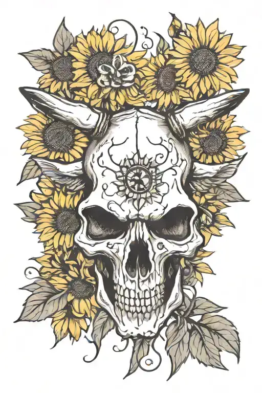 longhorn skull with a sun flower grow out of it with a honey bee on the sunflower  tattoo design idea