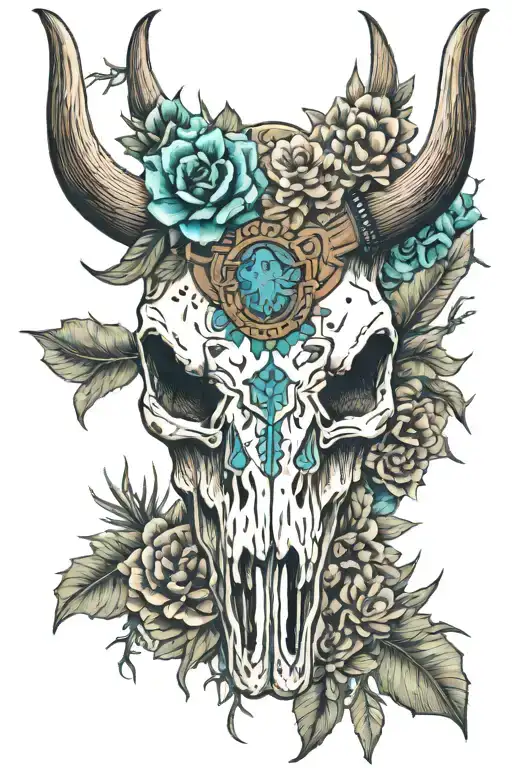longhorn skull with native turqoise jewelry with cactus and western floral print around it  tattoo design idea