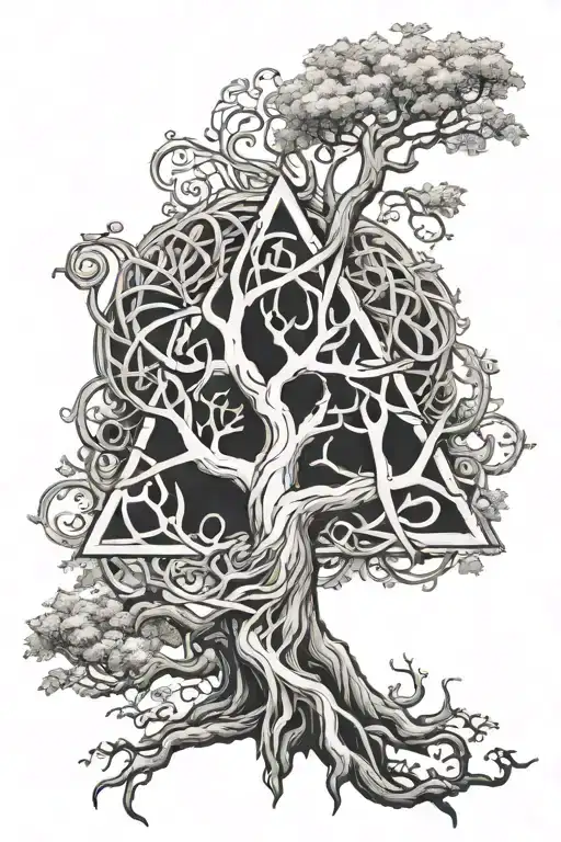 seek, horns, tree, triquetra, Gar tattoo design idea