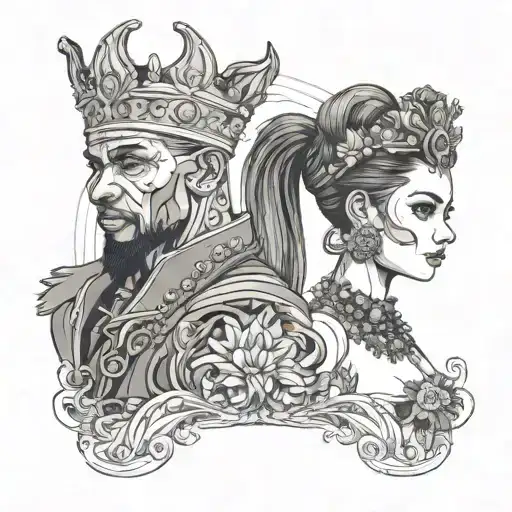 very slim french girl and a muscular african king male tattoo design idea