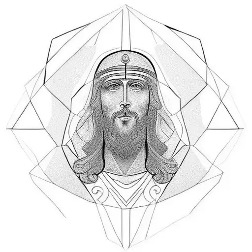 metade do rosto Jesus Cristo de perfil com metade do compasso e do esquadro maçônico  tattoo design idea