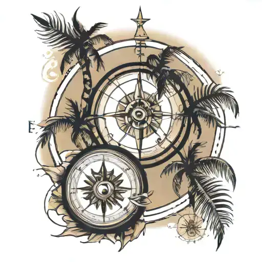 palm tree with compass surrounded tattoo design idea