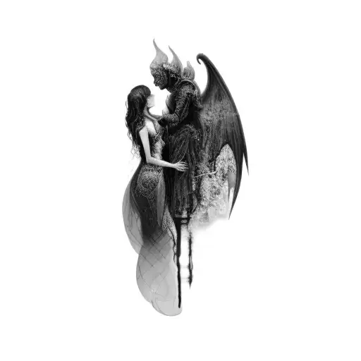 a woman and a demon with reaching demons and angels tattoo design idea