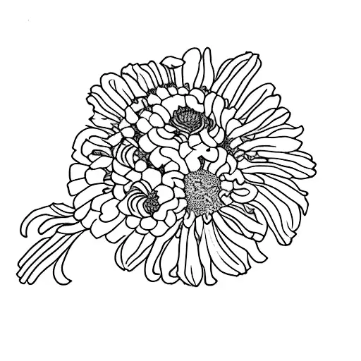 A black and white leg sleeve tattoo with one of each of the following flowers: heather, zinnia, black-eyed susan, amaryl tattoo design idea