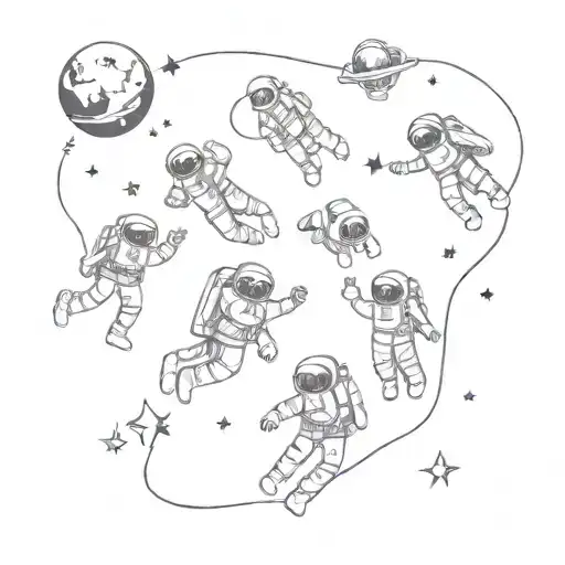 floating astronauts surrounded by AFO, stars, galaxies  tattoo design idea