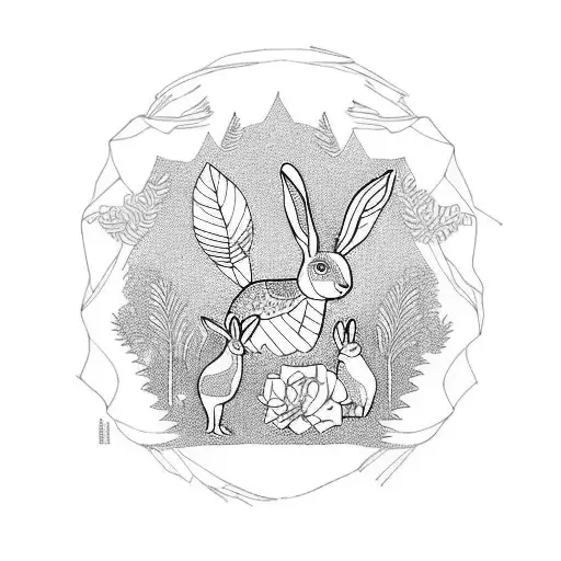 rabbit and a pheasant in a forest tattoo design idea