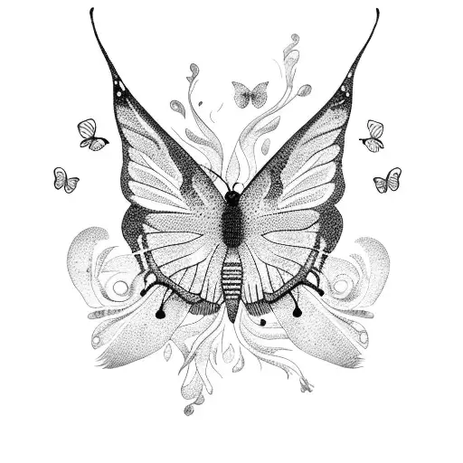 a sleek sports car surrounded by a swarm of intricate dotwork butterflies tattoo design idea
