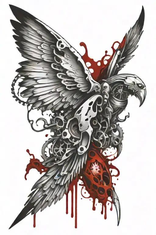 broken wings with mechanical parts and blood dripping out the wings tattoo design idea