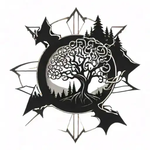 A stylized Yggdrasil tree intertwined with Nordic runes, surrounded by a mountain range and a dense forest tattoo design idea