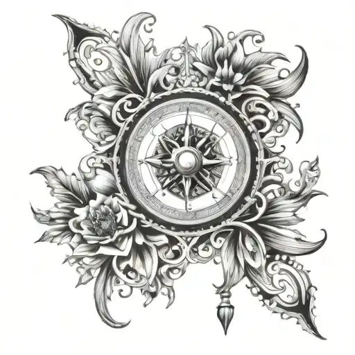 An intricate black and grey floral pattern wrapping around a compass tattoo design idea