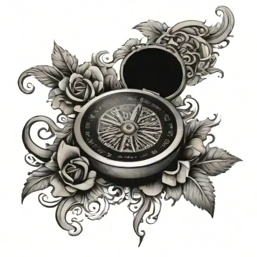 An intricate black and grey floral pattern wrapping around a compass tattoo design idea