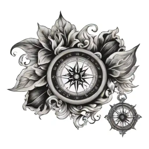 An intricate black and grey floral pattern wrapping around a compass tattoo design idea