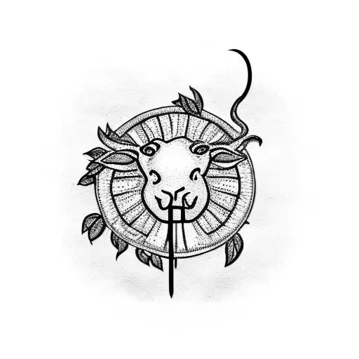 black and white drawing picturing a black sheep hanging from a tree, specifically a money tree as in the leafs of the tr tattoo design idea