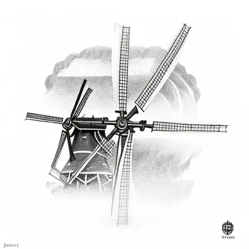 chest tattoo of three Dutch windmills tattoo design idea