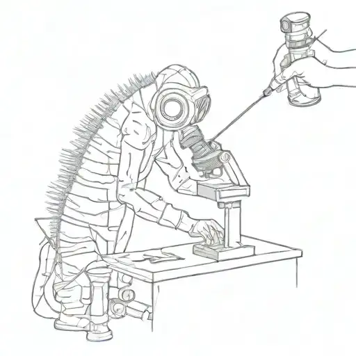 A detailed sketch of a scientist observing a copepod through a microscope tattoo design idea