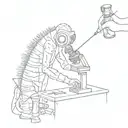 A detailed sketch of a scientist observing a copepod through a microscope tattoo design idea