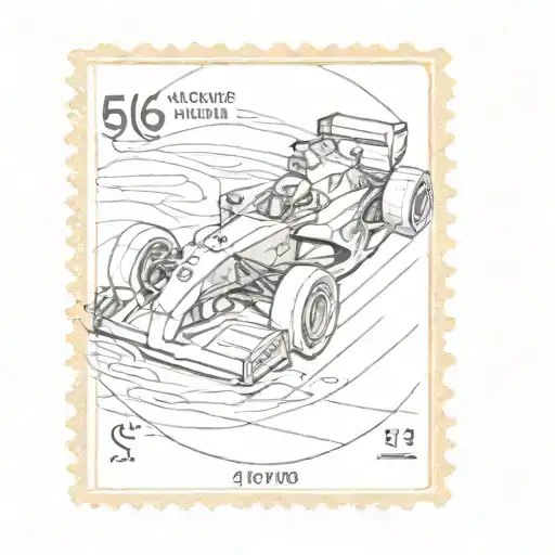 postage stamp with f1 car driving along tattoo design idea