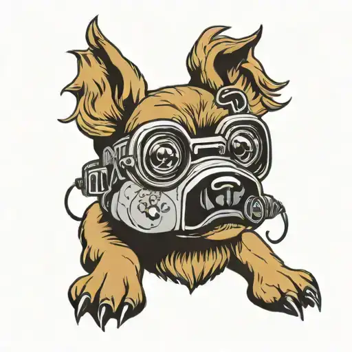 A tattoo design of a dog wearing virtual reality goggles, playing a video game controller, combining your love for dogs and video games in a unique way tattoo design idea