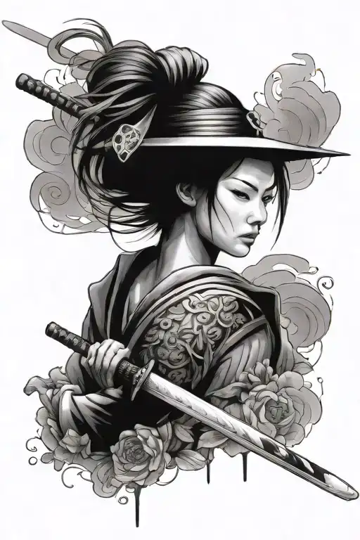 samurai, sword, women face tattoo design idea