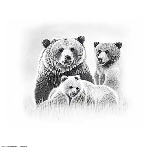 grizzly bear with three cubs ina Midwest forest by a lake tattoo design idea