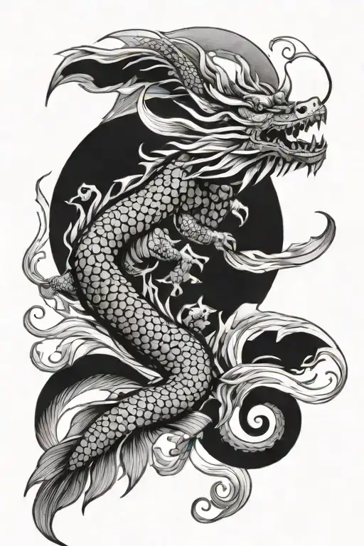 dragon with 2 koi fish swimming gracefully tattoo design idea