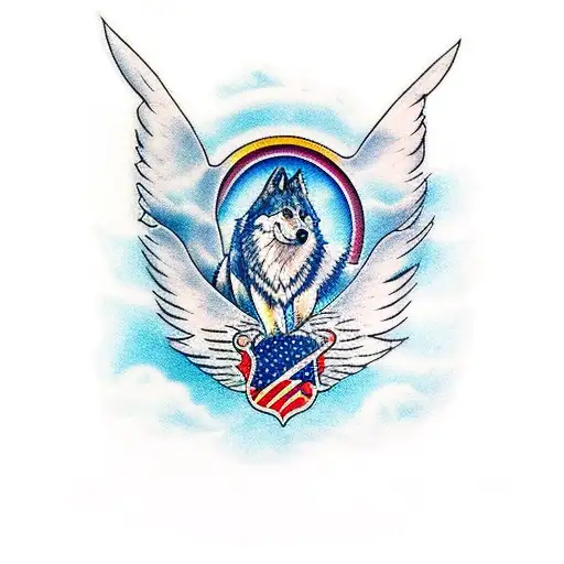 A majestic wolf soaring through the sky with wings like a World War 2 fighter plane tattoo design idea
