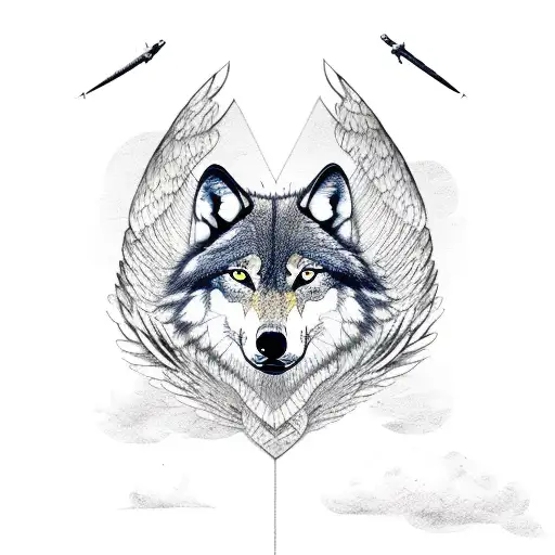 A majestic wolf soaring through the sky with wings like a World War 2 fighter plane tattoo design idea