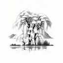 A vintage World War 2 bomber plane flying over a serene landscape of weeping willow trees and mountains tattoo design idea