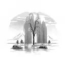 A vintage World War 2 bomber plane flying over a serene landscape of weeping willow trees and mountains tattoo design idea