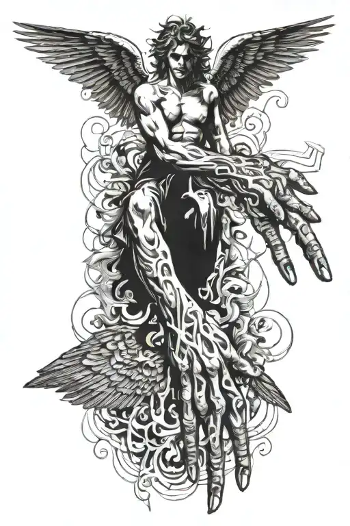 Michaelangel creation hands, falling Icarus with angel wings and Cabanel's painting of a crying lucifer eye tattoo design idea