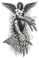 Michaelangel creation hands, falling Icarus with angel wings and Cabanel's painting of a crying lucifer eye tattoo design idea