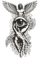 Michaelangel creation hands, falling Icarus with angel wings and Cabanel's painting of a crying lucifer eye tattoo design idea