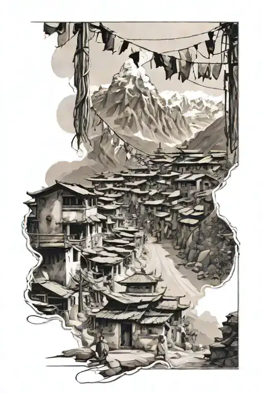 Nepal street scene with prayer flags and mountains in the backgrouns tattoo design idea