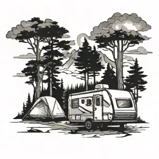 Landscape with a truck and camping trailer   tattoo design idea