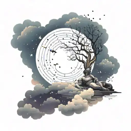 Twilight Sky: A gradient sky with stars. Central Figure: A human figure lying on the clouds. Clouds: Realistic clouds wi tattoo design idea