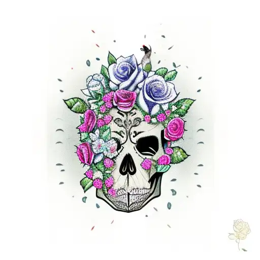 a sleeping cat, with roses, skulls, and butterflies in the background tattoo design idea