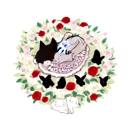 a sleeping cat, with roses, skulls, and butterflies in the background tattoo design idea