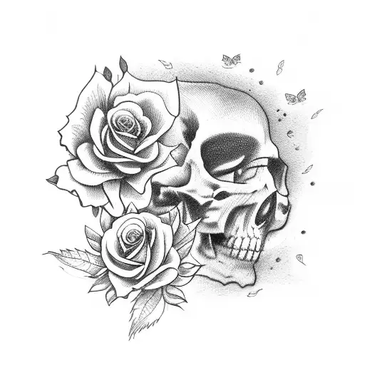 a sleeping cat, with roses, skulls, and butterflies in the background tattoo design idea