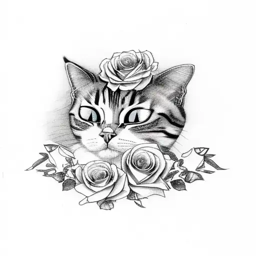 a sleeping cat, with roses, skulls, and butterflies in the background tattoo design idea