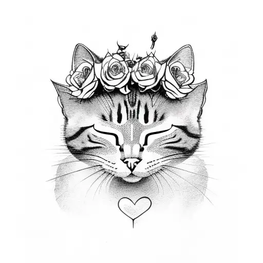 a sleeping cat, with roses, skulls, and butterflies in the background tattoo design idea