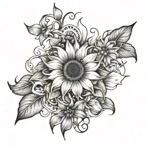 sunflower, compass, lily, orchid vine wrapping tattoo design idea