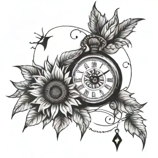 half compass and clock with sunflowers  tattoo design idea