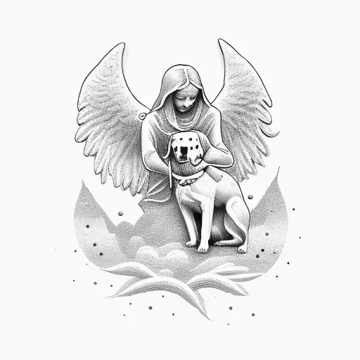 tomb stone and human looking angel with a dog flying around with him tattoo design idea