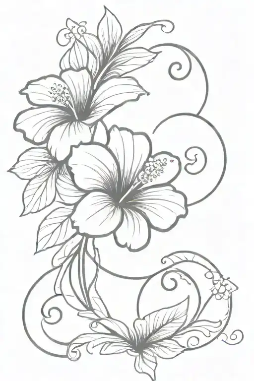 a hibiscus flower with a butterfly and a border which extends the 2 with the initials W and C tattoo design idea