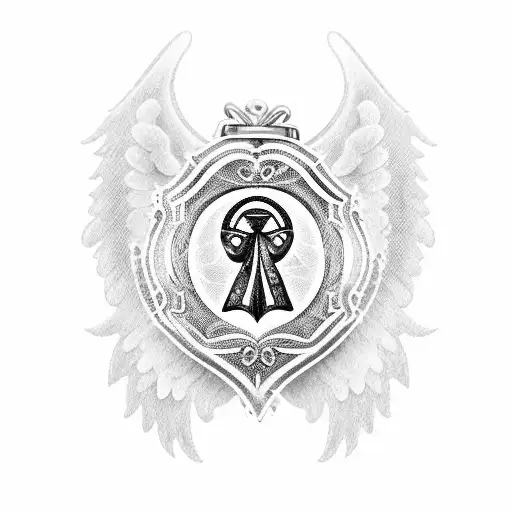 A blackwork tattoo of a guardian angel embracing a heart-shaped locket with the initials of the client's dad and grandpa, symbolizing their everlasting presence and love. tattoo design idea
