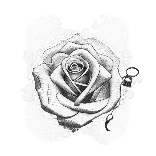 A dotwork tattoo of a delicate rose intertwined with a pocket watch, symbolizing the client's eternal love and cherished memories of their dad and grandpa. tattoo design idea