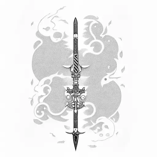 Long Sword with the japenese words fall in love with yourself first written in it tattoo design idea