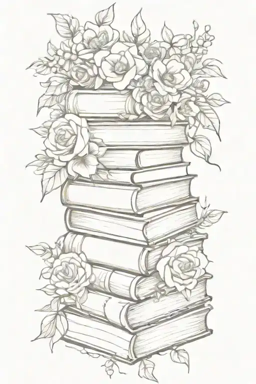 stack of books surrounded by florals tattoo design idea