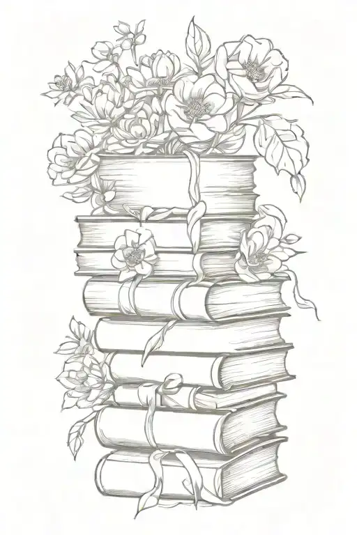 big to small  Stack of books with flowers growing from the bottom  tattoo design idea