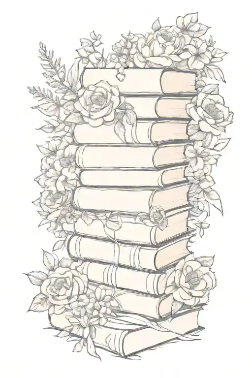 stack of books surrounded by florals tattoo design idea
